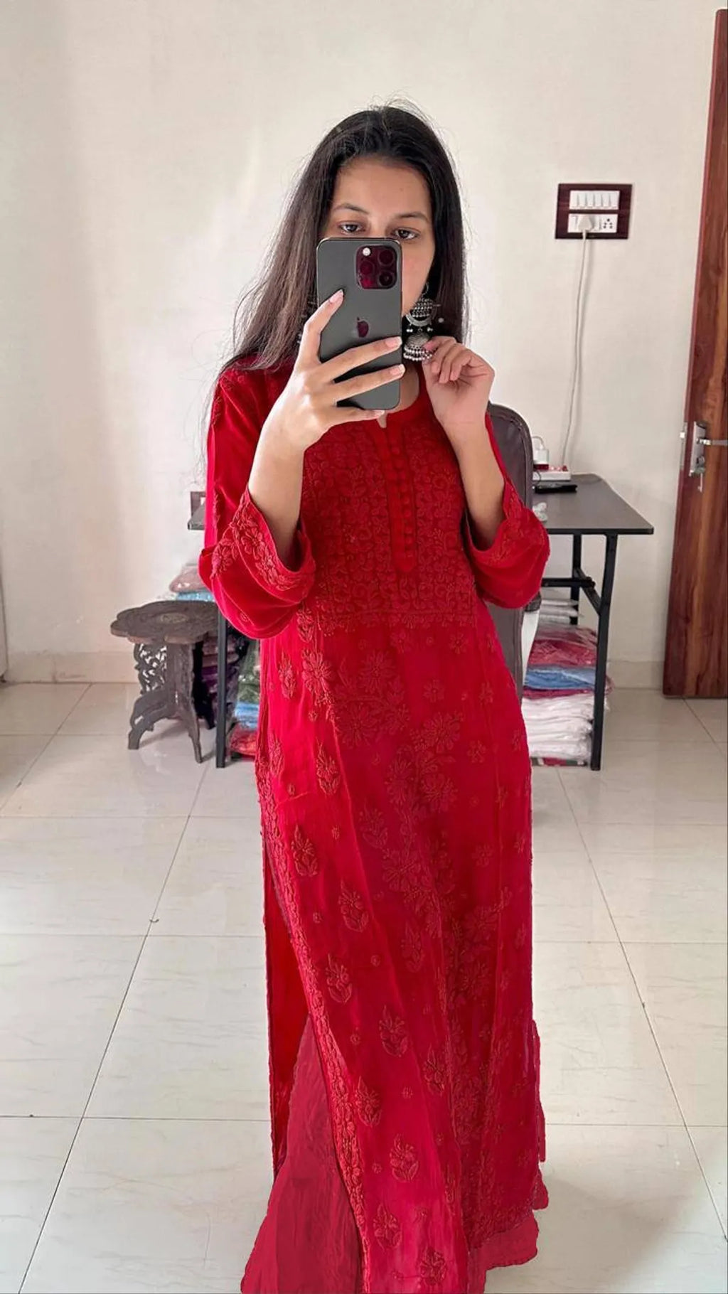 Red Chikankari Kurti Set With Dupatta For Women