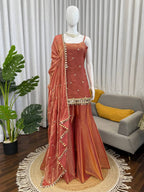 Designer Mirror Work Kurta Palazzo Set for Women – Fendy Silk Party Wear Suit with Dupatta | Wedding, Sangeet