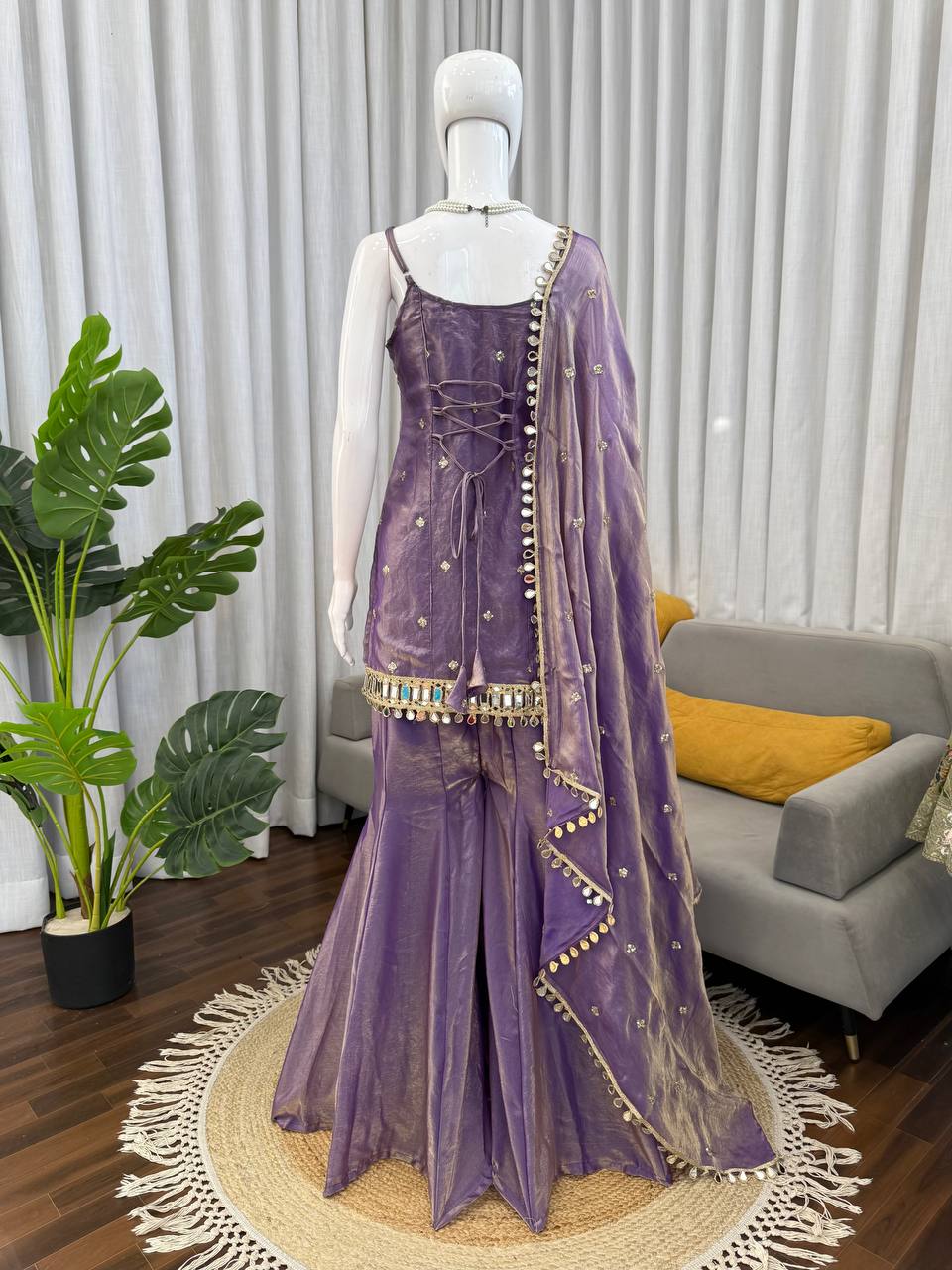 Designer Mirror Work Kurta Palazzo Set for Women – Fendy Silk Party Wear Suit with Dupatta | Wedding, Sangeet